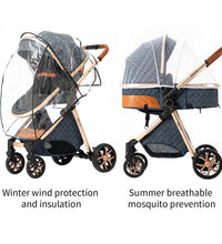 the stroller with a raincoat and a mosquito