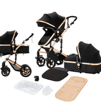 Portable Travel Pram Cozy Stroller with Foot Cover for 0-36 Months Babies Black Gold