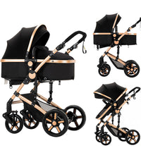 2 In 1 Convertible Baby Stroller Bassinet for Infants 0-36 Months Black Gold